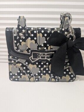 GUESS Vintage Heart Polka Dot Mini Bag Black Silver & Gold Bow Y2K